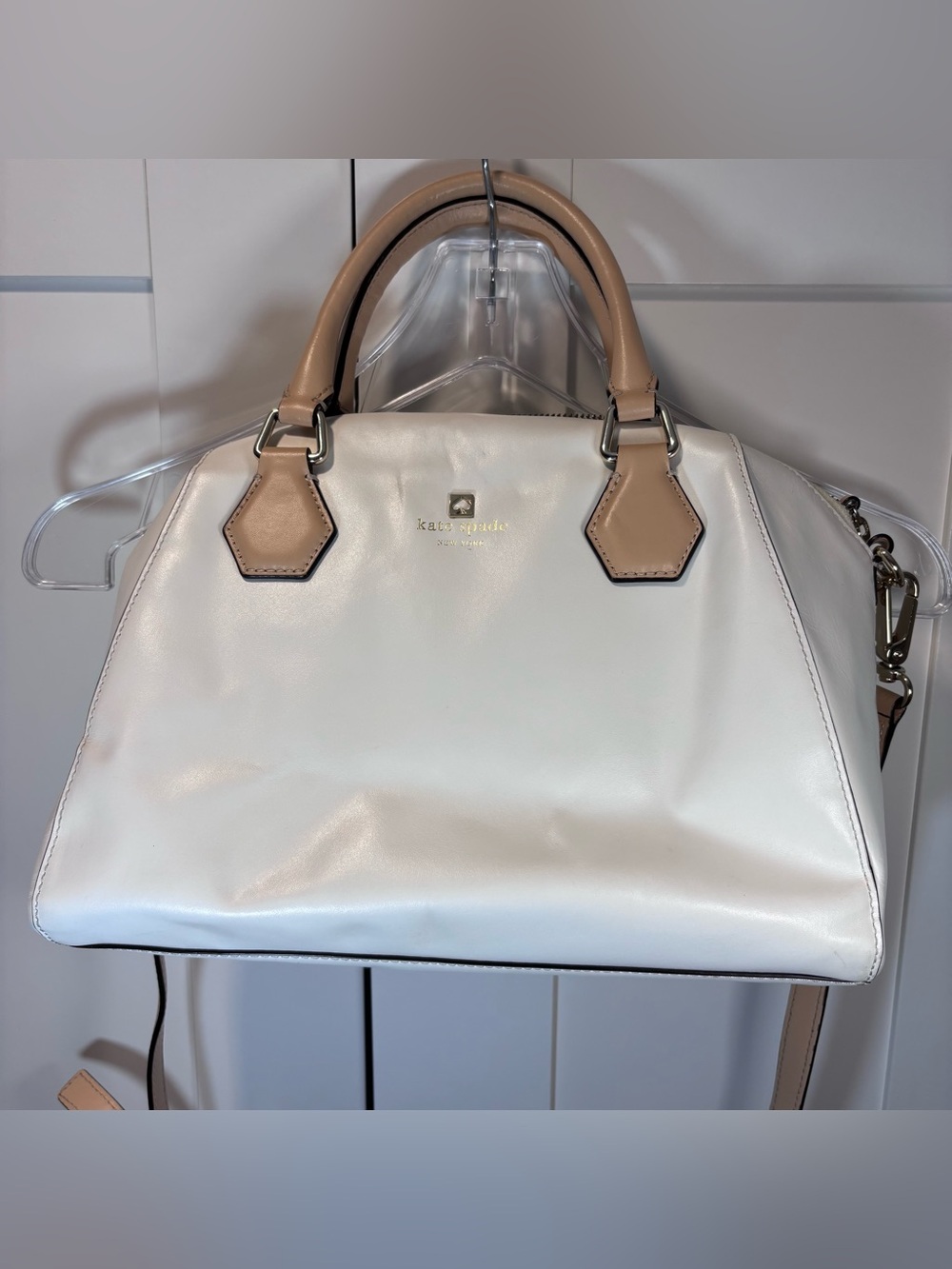 Kate Spade Parnell Street Pippa Bag Leather Satchel Crossbody White Tan Purse
